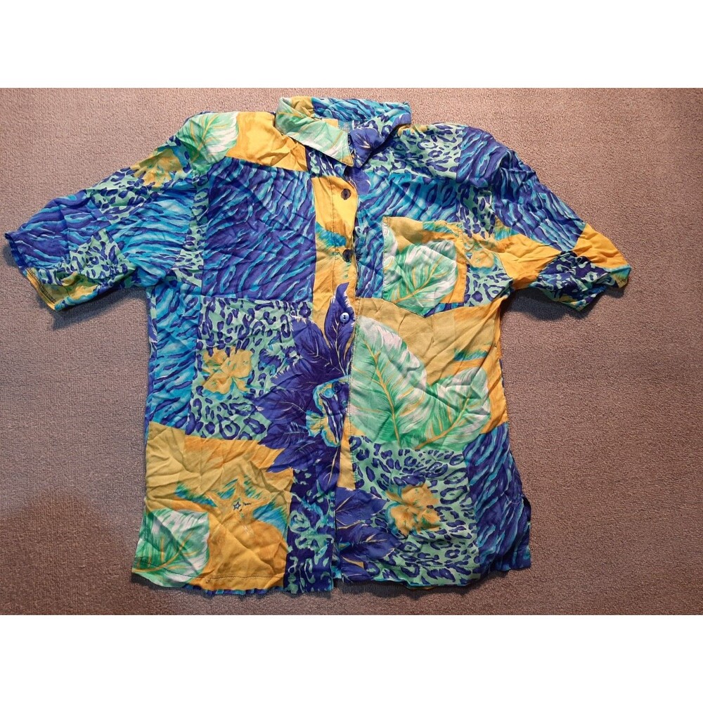 Sea Sun Womens button Up Top Large L Blue Rayon Polyester made in USA padded